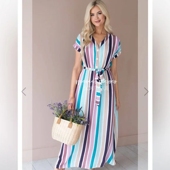NWT Neesee s Dresses Orange Creek Modest Colorful Striped Maxi Dress Size L